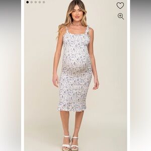 White Floral Smocked Fitted Maternity Dress